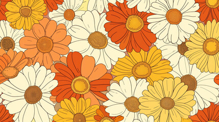 Seamless retro floral pattern with large daisies in warm earth tones on orange background