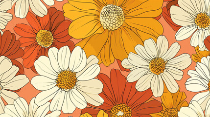 Seamless retro floral pattern with large daisies in warm earth tones on orange background