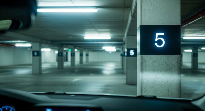 Abstract View Inside Parking Garage With Illuminated Signs Showing Parking Zone Five