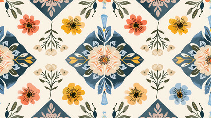 Seamless ornate folk-inspired pattern with decorative flowers and medallions in warm tones