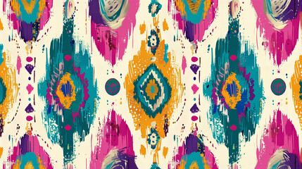 Seamless ikat-inspired pattern with bold brush strokes and diamond shapes in vibrant ethnic colors