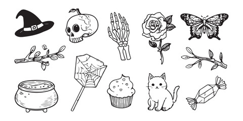 cute, kawaii line art drawings of spooky halloween icons, including a witch's hat and broom, a black rose with a spider web, a bat-faced cupcake, a skeleton hand holding a skull, a cauldron full of li