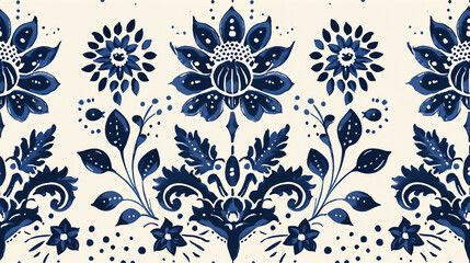 Seamless traditional blue floral border pattern with symmetrical ornamental flower elements