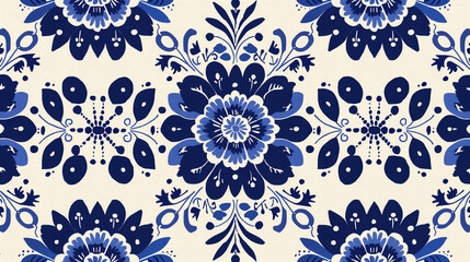 Seamless blue and white mandala-inspired floral pattern with ornamental symmetrical design
