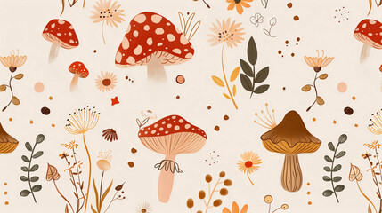 Seamless autumn woodland pattern with mushrooms, flowers, and leaves on light background