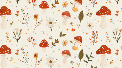 Seamless autumn woodland pattern with mushrooms, flowers, and leaves on light background