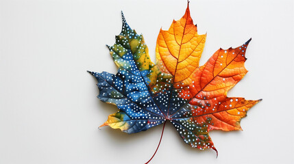 Close-up of painted maple leaf with vibrant rainbow colors and dotted pattern on white background