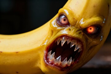 scary evil banana with eyes and with mouth full of sharp teeth