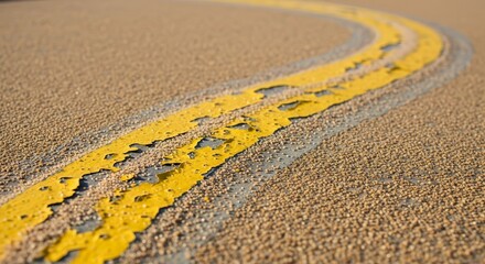 Abstract View of a Yellow Road Marking Showing Age and Texture on Asphalt Surface