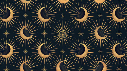 Seamless celestial pattern with crescent moons and radiant stars on black background