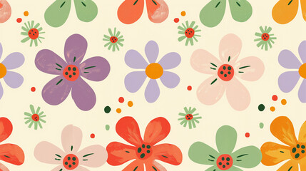 Seamless retro floral pattern with colorful hand-drawn flowers and ladybugs on cream background