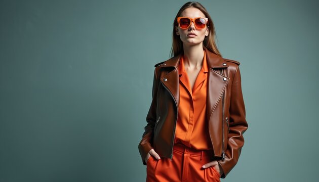 Stylish young woman poses in studio wearing bright orange pants with a leather jacket. Beautiful model with sunglasses. Fashionable brunette lady presents vogue outfit on gray backdrop. Modern look.