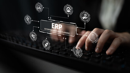 ERP platform visual showing centralized system for enterprise resource planning, improving integration, data flow, business efficiency, finance, inventory, and human resources. Spline