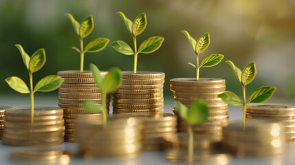 Small green plants growing from stacked gold coins symbolizing sustainable financial growth