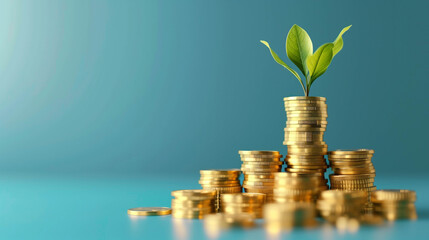 Single green plant sprouting from stacked golden coins on minimalist blue background