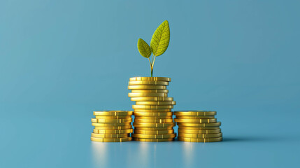 Single green plant sprouting from stacked golden coins on minimalist blue background