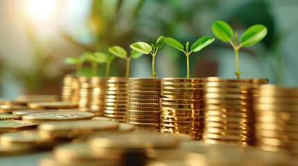 Small green plants growing from stacked gold coins symbolizing sustainable financial growth
