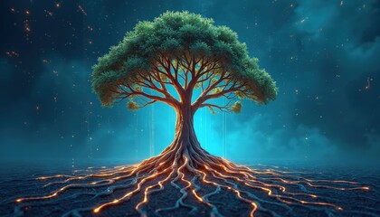 Majestic tree with vibrant green foliage, glowing roots. Powerful roots extend into ground against dark blue background. Nature power, growth, connections with abstract patterns. Eco concept for