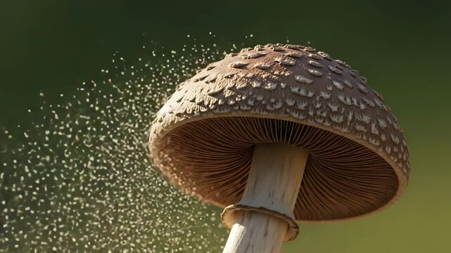 Close up mushroom releasing spores against green background macro nature scene