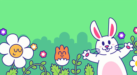 Happy white bunny stands in a vibrant spring garden surrounded by smiling flowers and lush green plant for children content, greeting cards, seasonal designs banner or background design