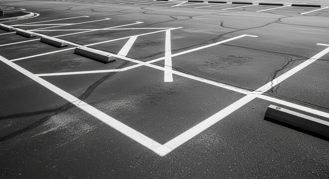 Abstract Lines On Asphalt: A Monochrome Composition Of Parking Symmetry On Road Surface.
