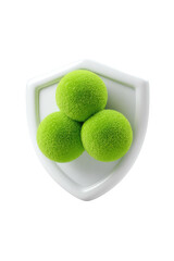 Green orbs on white shield; abstract heraldry design