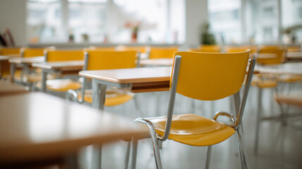 Abstract blurred image of a bright primary school classroom with rows of wooden desks and chairs, morning sunlight streaming through.