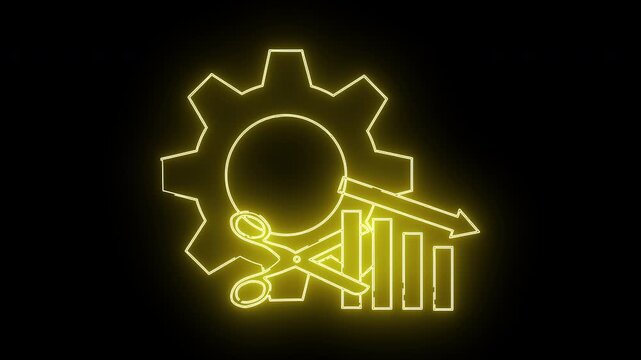 Yellow neon line art on black gear scissors graph arrow