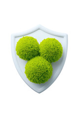 Shield with three fluffy bright green floral spheres