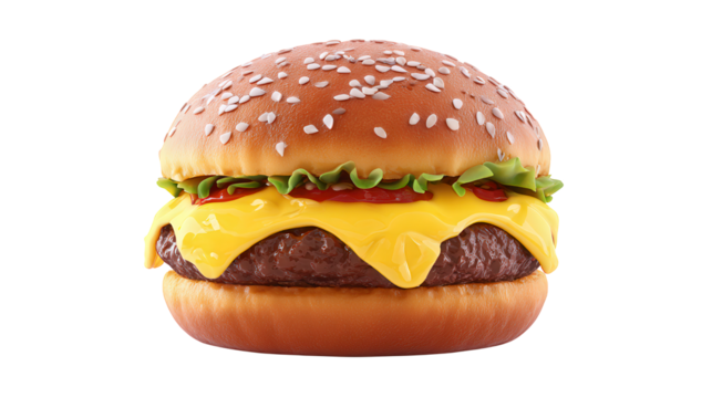 Classic Cheeseburger with Sesame Seed Bun and Melted Cheese isolated on a transparent background