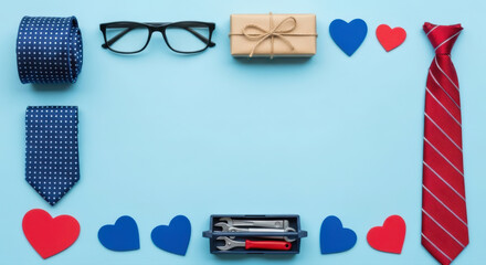 Father's Day themed flat lay frame on light blue, featuring ties, gift, tools, glasses, and hearts, providing ample central copy space.