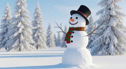 Fototapeta premium Cute snowman with top hat and scarf in a beautiful snowy winter forest under blue sky with falling snow.