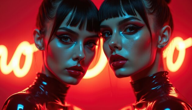 Two women pose in shiny latex outfits with striking red lips, dramatic eye makeup. Neon lights cast blue, red hues on faces. Dark hair styled up, featuring bangs. Share dark, edgy, glamorous look.