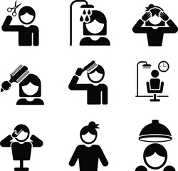 Hair salon service icons, haircut, shampoo, styling, hair drying, scalp massage, bun hairstyle, hood dryer, beauty care, black and white