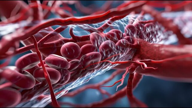Atherosclerosis  plaque buildup. Artery blockage. Cholesterol cardiovascular. Vascular disease circulation. Close-up of blood vessels with visible plaque buildup.
