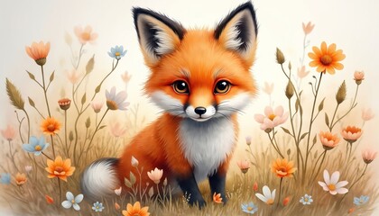 Obraz premium Cute baby fox sits peacefully in beautiful spring meadow. Little cub bright orange fur, big curious eyes, looking directly. Soft colorful flowers surround small wild animal. Lovely watercolor