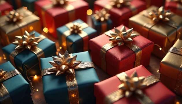 Pile of wrapped gifts in festive colors gold red and teal with gold ribbons. Soft bokeh lights create a warm holiday atmosphere ideal for Christmas or New Year.