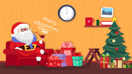 Fototapeta premium Magical Christmas Decoration Image on a Warm, Festive Background – Sparkling Christmas Trees Adorned with Twinkling Lights, Red Ribbons, and Glittering Ornaments, Complemented by Plush Santa Clauses, 