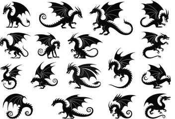 Dragon silhouette collection, fantasy creature poses, flying beast shapes, mythical reptile designs, black vector dragons, stock illustration, medieval theme