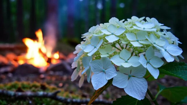 white hydrangea flowers - A close-up of delicate white hydrangeas in the foreground, with a warm, glowing campfire softly flickering in the background amidst a lush, green forest