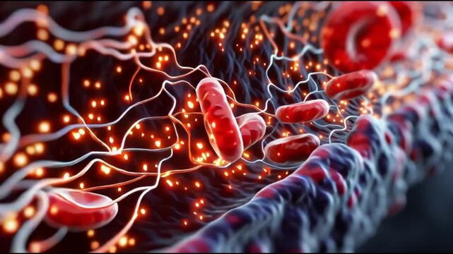 Atherosclerosis  plaque buildup. Artery blockage. Cholesterol cardiovascular. Vascular disease circulation. Detailed view of blood flow and artery structure with red blood cells.