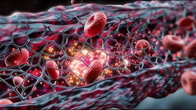 Atherosclerosis  plaque buildup. Artery blockage. Cholesterol cardiovascular. Vascular disease circulation. 3D visualization of blood flow in a narrowed artery.