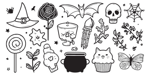 cute, kawaii line art drawings of spooky halloween icons, including a witch's hat and broom, a black rose with a spider web, a bat-faced cupcake, a skeleton hand holding a skull, a cauldron full of li