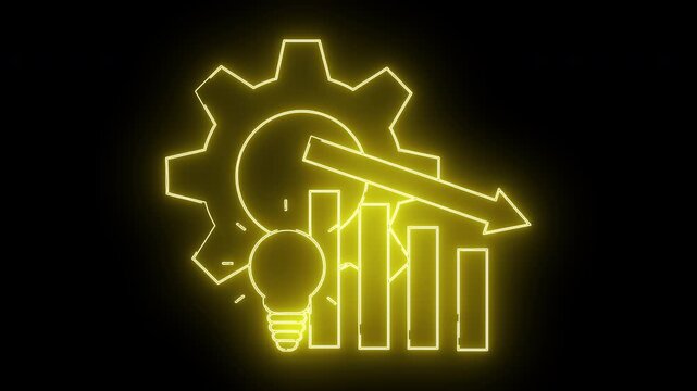 Yellow neon graphic of a gear lightbulb descending arrow and bar chart on a black backdrop