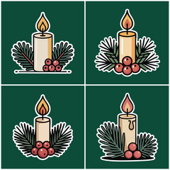 Burning candles with evergreen branches and berries