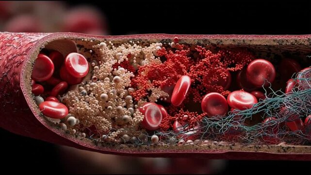 Atherosclerosis  plaque buildup. Artery blockage. Cholesterol cardiovascular. Vascular disease circulation. Detailed view of artery with plaque buildup and red blood cells.