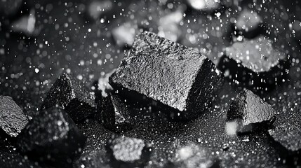 Rough, dark, angular mineral fragments are shown up close with water droplets falling around them on a reflective black surface.