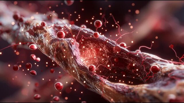 Atherosclerosis  plaque buildup. Artery blockage. Cholesterol cardiovascular. Vascular disease circulation. Microscopic view of artery with plaque and blood cells.