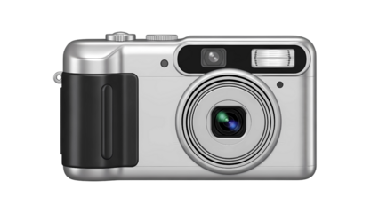 Front view of a silver compact digital camera with extended lens and flash, isolated on transparent background 
