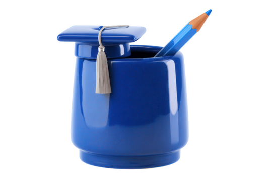Reflective blue graduation cap container holds a matching blue sharpened pencil on a black setting
